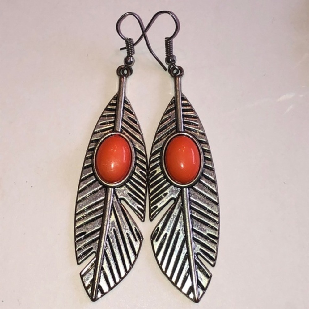 Silver Tone Coral Accent Boho Feather Earrings